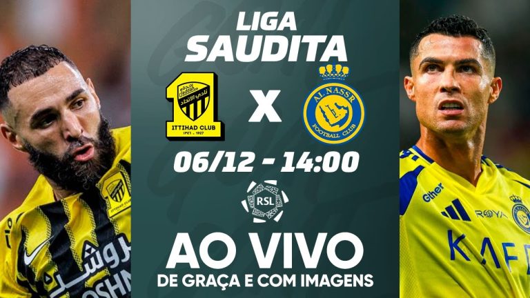 Al-Ittihad x Al-Nassr, na imagem, do lado esquerdo, Karim Benzema, do Al-Ittihad, do lado direito, Cristiano Ronaldo, do Al-Nassr. No centro escrito, Liga Saudita, os escudo das duas equipes lado a lado, dia 6/12, 14h, a logomarca da Liga Saudita, e ao vivo,de graça e com imagens,